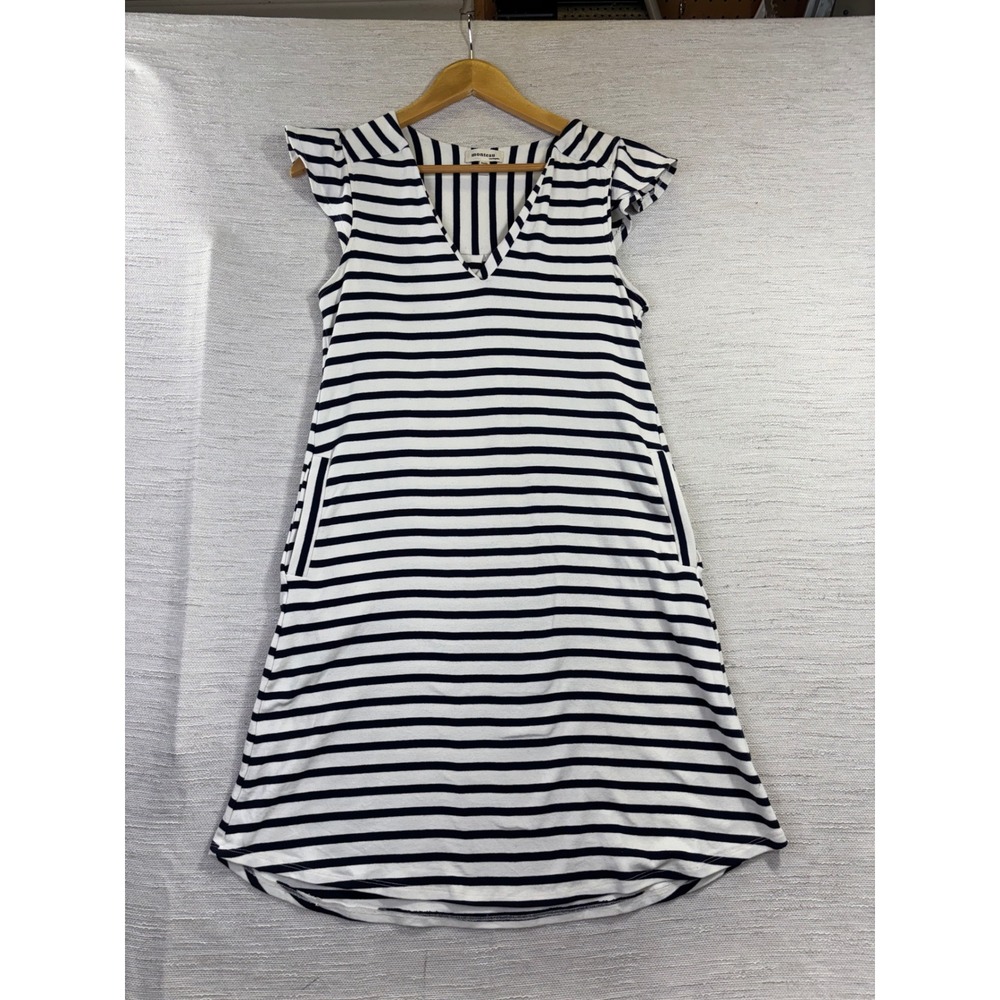 Monteau Los Angeles Navy White Striped V-Neck Flutter‎ Sleeve Pocket Dress M